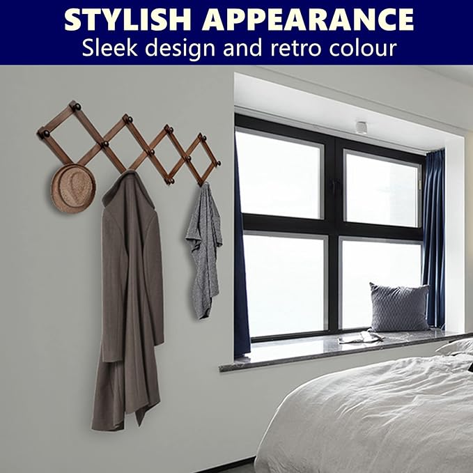 Amber Home Wood Accordion Wall Rack 13 Hooks (Pegs), Expandable Wall Mounted Hanger for Coat, Hat, Scarf, Coffee Mugs, X Shap
