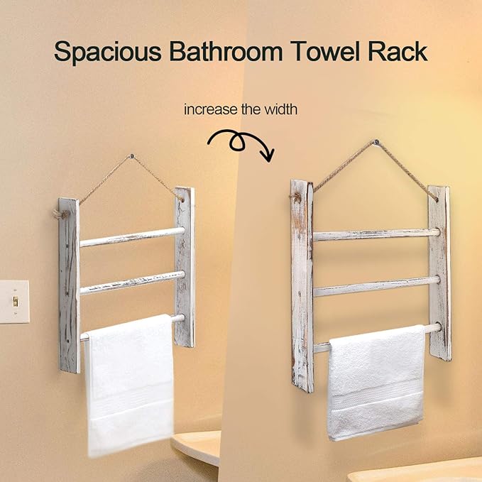 Rustic Wood Ladder Hand Towel Rack for Bathroom, Farmhouse Blanket Ladder for Living Room Hanging Decorative Rack for Blanket