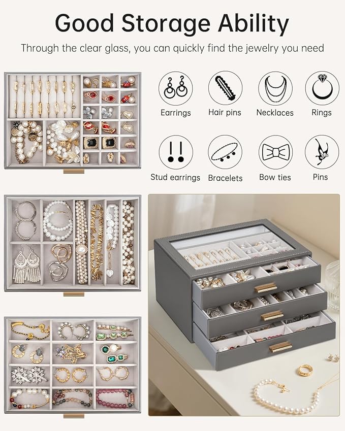 AKOZLIN Jewelry Box with Clear Lid Functional Leather Jewelry Storage Organizer Case 3 Drawers for Women Girls Necklace Ring 