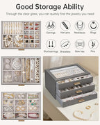 AKOZLIN Jewelry Box with Clear Lid Functional Leather Jewelry Storage Organizer Case 3 Drawers for Women Girls Necklace Ring 