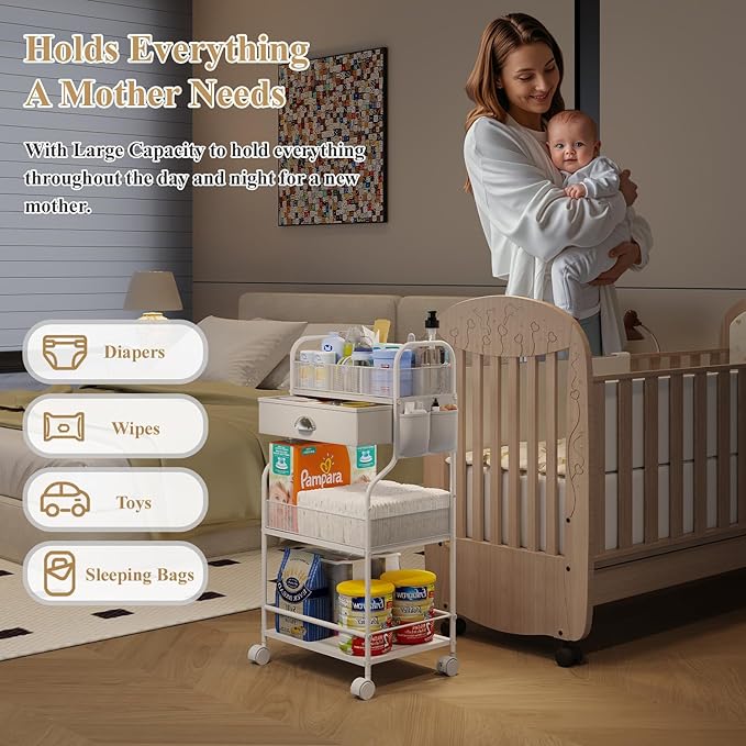 Baby Diaper Caddy Cart Organizer -3 Tier, Bedside Nursery Essentials Organizer & Storage Holder for Newborn Baby Stuff, 2+1 D