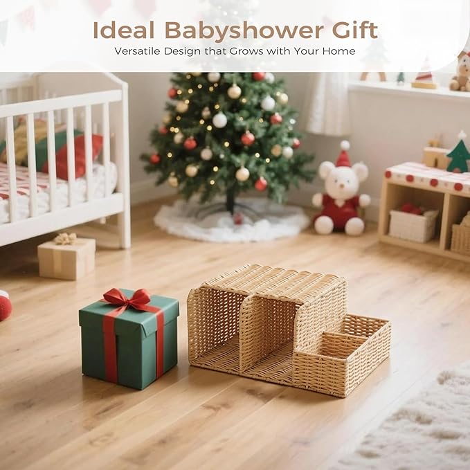 Diaper Caddy Organizer, Hand Rattan Nursery Storage Basket for Baby Essentials, Baby Changing Table Organizer Perfect Nursery