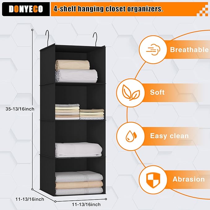 Hanging Closet Organizer, Easy Mount Foldable 4-Shelf Hanging Closet Wardrobe Storage Shelves, Clothes Handbag Shoes Accessor
