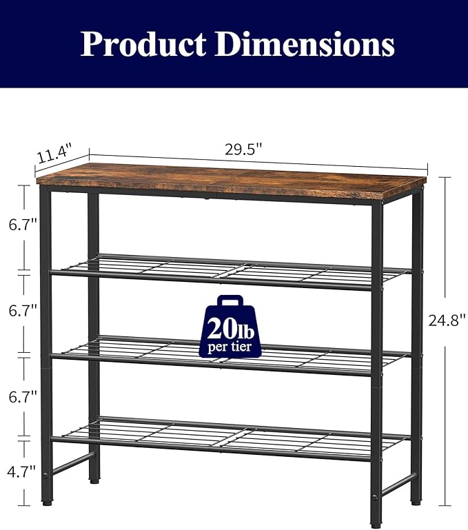 Kitsure Shoe Rack for Closet, Rustic Brown Shoe Organizer with Leveling Feet, Sturdy & Rust-Proof Shoe Storage for Entryway, 