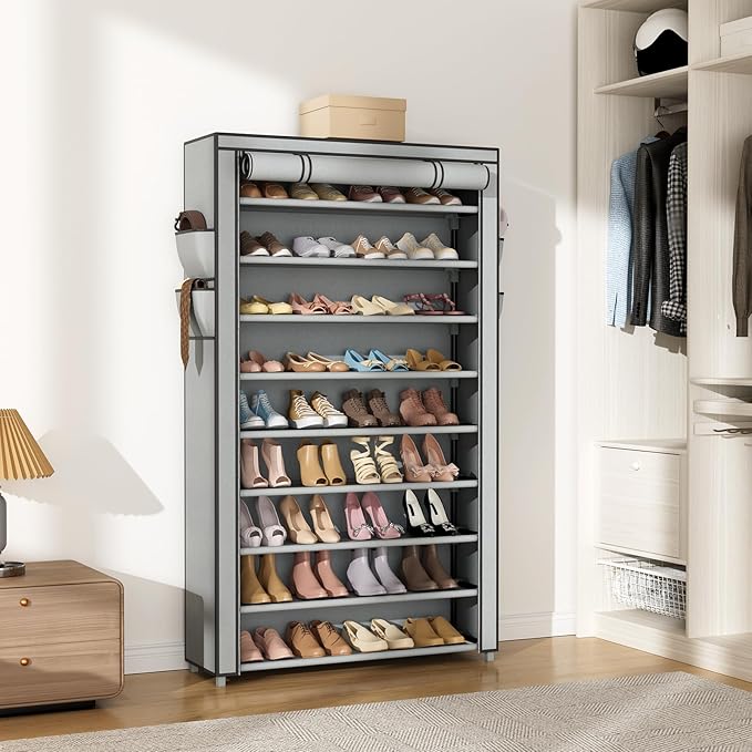 VILICK Shoe Rack with Cover Narrow Shoe Organizer with Pockets 10 Tier Tall Shoe Storage Holds 36-41 Pairs Shoes and Boots Sh