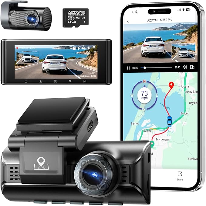 AZDOME ADAS Dash Cam Front and Rear, 4K+2.5K UHD Dash Camera for Cars, 64GB Card Included, Voice Control, Bulit-in 5.8GHz Wi-
