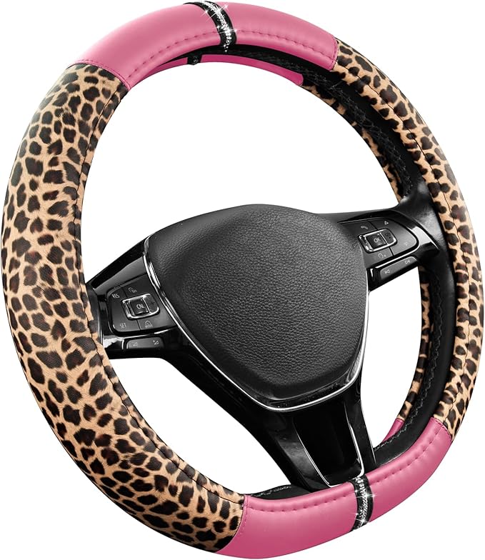 Road Comforts Leopard Steering Wheel Cover for Women, Cute Anti-Slip Microfiber Leather, Fits D Shape Flat Bottom Steering Wh