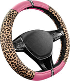 Road Comforts Leopard Steering Wheel Cover for Women, Cute Anti-Slip Microfiber Leather, Fits D Shape Flat Bottom Steering Wh