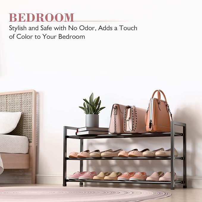 Bumusty 3-Tier Expandable Shoe Rack for Closet, 18“-33” Adjustable Shoe Rack for Small Space, Small Shoe Organizer for Front 