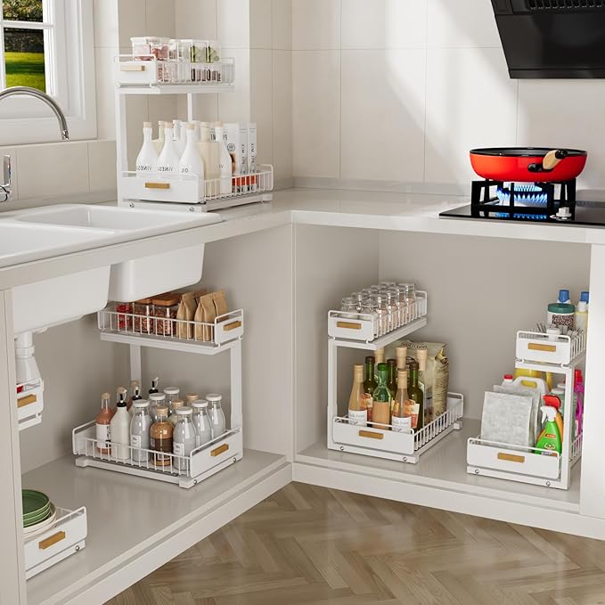 Under Sink Organizer Kitchen - Upgraded Professional Rails, 2 Tier Dual Pull Out Cabinet Storage, Height Adjustable Under Sin