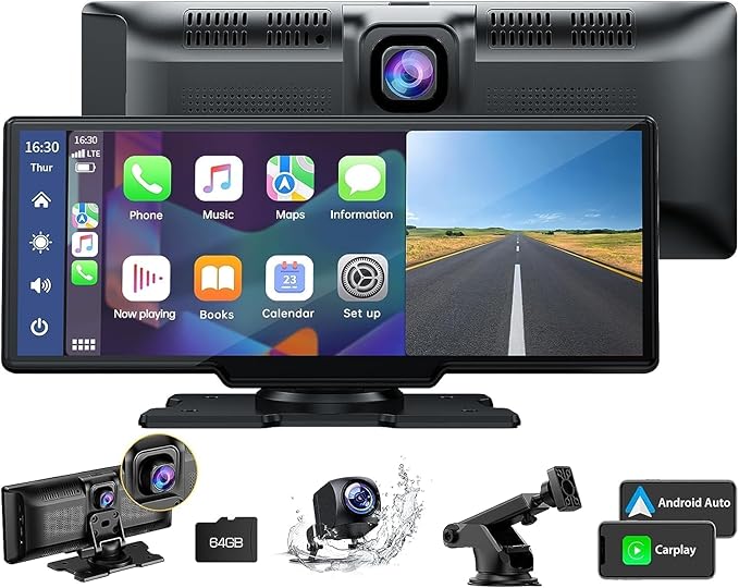LAMTTO 9.26" Wireless Carplay and Android Auto with 2.5K Dash Cam, 1080P Backup Camera, Portable Touchscreen GPS Navigation f