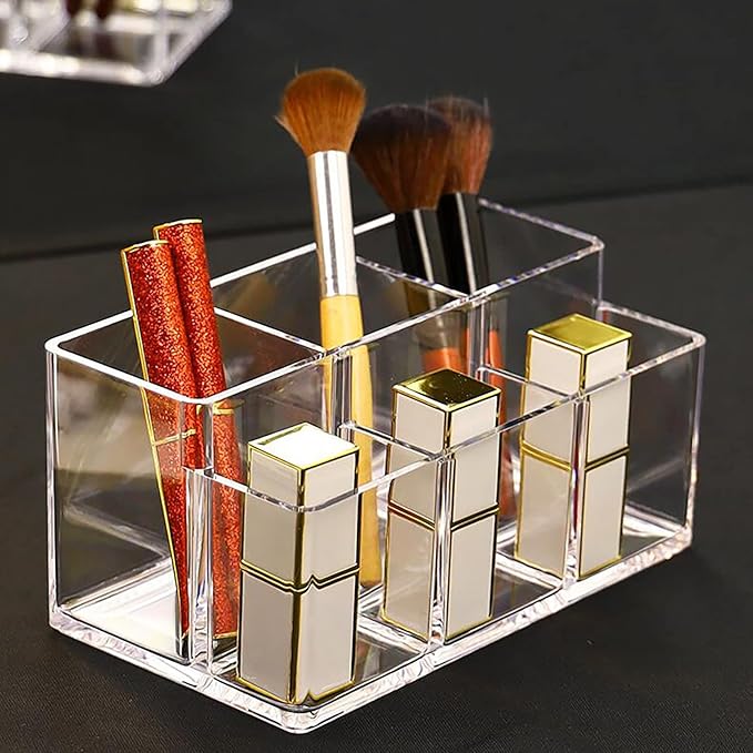Foraineam 2 Pack Acrylic Makeup Brushes Holder with 6 Slots, Clear Pen Pencil Organizer Desktop Stationery Storage Container,