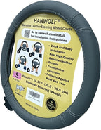 Steering Wheel Cover, Gray, Real Genuine Leather, Small, 14 inch, for Men and Women, Universal, Stretch On, Heat Resistant, Stays Cool, Non-Slip, HANWOLF