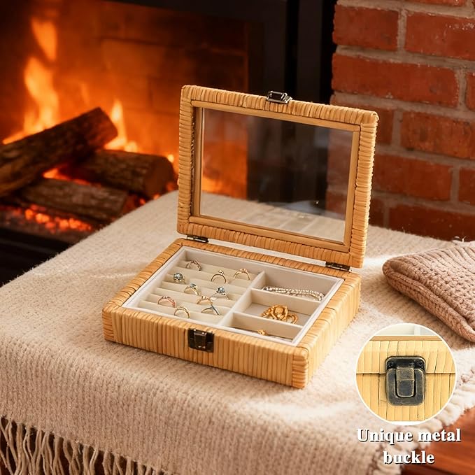 Jewelry Box for Women, Boho Rattan Jewelry Organizer Box for Storage Earrings Rings Necklace Bracelet, Farmhouse Jewelry Boxe