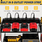 Power Tool Organizer Wall Mount, 2 Layers Heavy Duty 4 Cordless Drill Holder Tool Storage Rack with 8 Power Strip Battery Cha