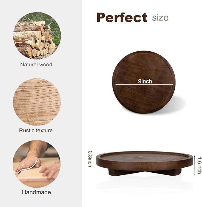 Round Decorative Tray Wood Bathroom Counter Organizer Farmhouse Kitchen Decor Wooden Riser for Soap Dish, Perfume, Candle, Sp