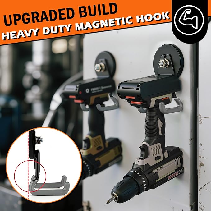 ULIBERMAGNET Upgraded Heavy Duty Magnetic Hooks,4 Pack Strong Large Magnet Hook for Power Drill,Garden Tools,Hose,Pegboard,Ga