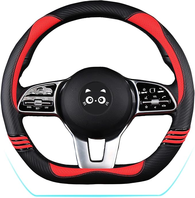 Iwantit® D-Shape Steering Wheel Cover, PU Leather with Anti-Slip Rubber Ring, Steering Wheel Protector, Universal Fit 14.5-15