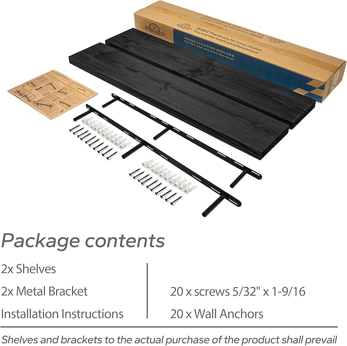 BGMG Wood Floating Shelves for Wall 54 inch Set of 2,Black Floating Shelves,Solid Wood Wall Mount Shelves for Bathroom Living