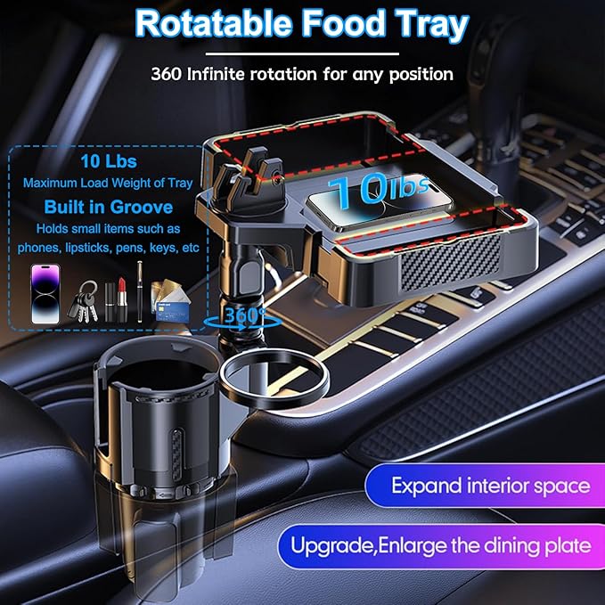 Car Cup Holder Tray, 10 Inch 4-in-1 Cup Holder Tray, 360° Rotating Drink Holder Expander with Detachable Food Tray & Phone Ho