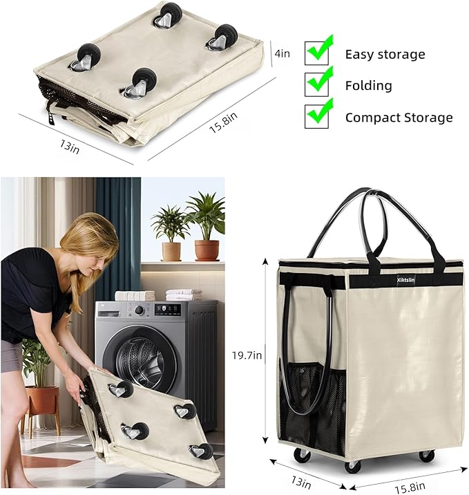 (Medium, Beige) Reusable Grocery Bag on 4 Wheels, Foldable Rolling Tote Carries Up to 66lb Shopping Trolley, Rolling Bag with 3 Handles, Zipper Clouser Rolling Tote Bag with Wheels for Laundry