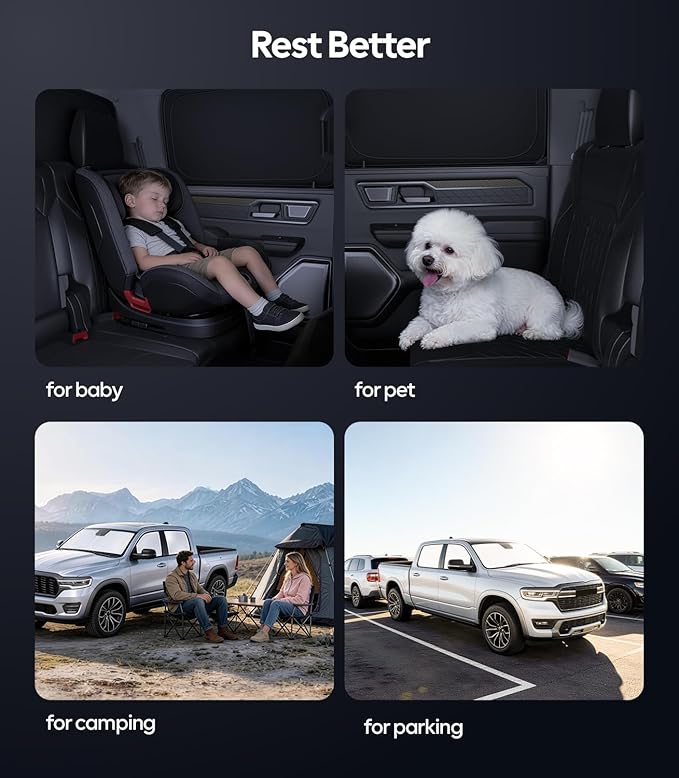 Wigoo 2026 Upgrade 6PCS Full Set Window Sunshade for Dodge Ram 1500 2019-2026 [7-Layer Cooler & Blacker, Ice-Crystal Tech] with Windshield for Sun Block, Baby, Camping, Privacy Napping, Relax