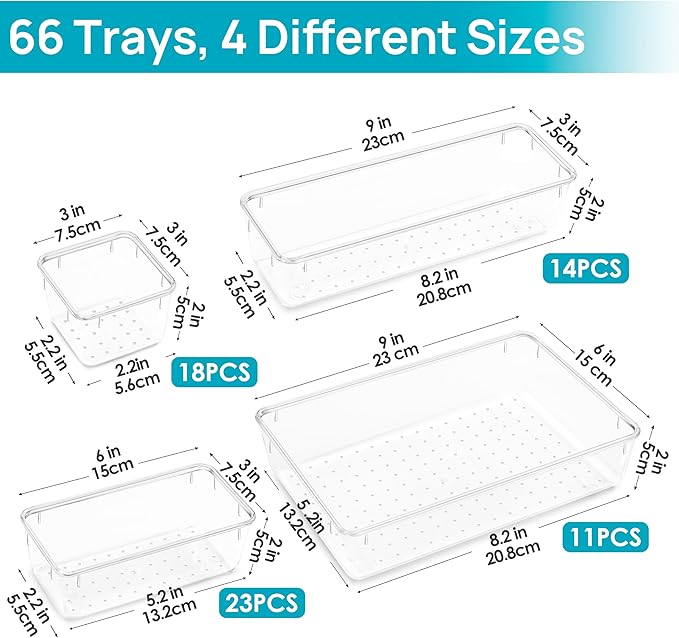 Vtopmart 66 PCS Clear Plastic Drawer Organizer Bins, 4-Size Versatile Bathroom and Vanity Organizer Trays, Acrylic Storage Co