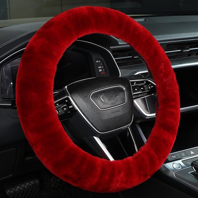 Soft Fluffy Wool Sheepskin car Steering Wheel Cover for Girls Women Universal car 14 1/2-15 1/2inchs (Claret)