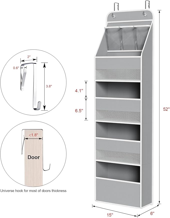 Univivi 5-Shelf Space Saving Door Storage Over Door Hanging Organizer with 4 Large Capacity Roomy Pockets Closet Cabinet Wall