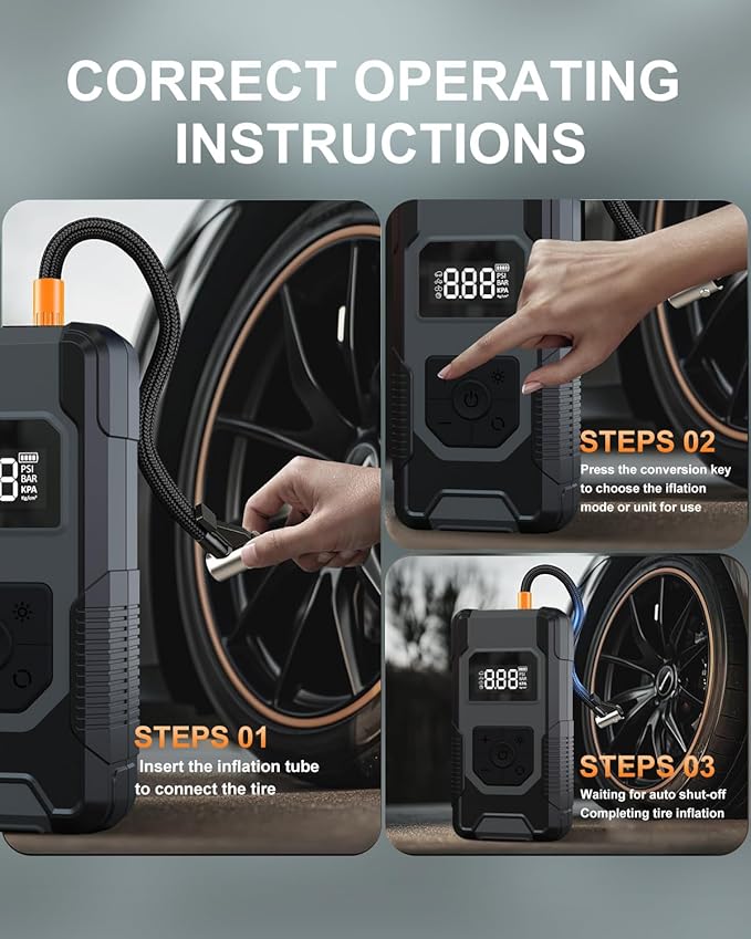 Tire Inflator Portable Air Compressor - 4X Faster Inflation Cordless Mini Air Pump with Digital Pressure Gauge with Digital Pressure Gauge/LED Light Portable Tire Inflator for Car Moto Bike Ball etc