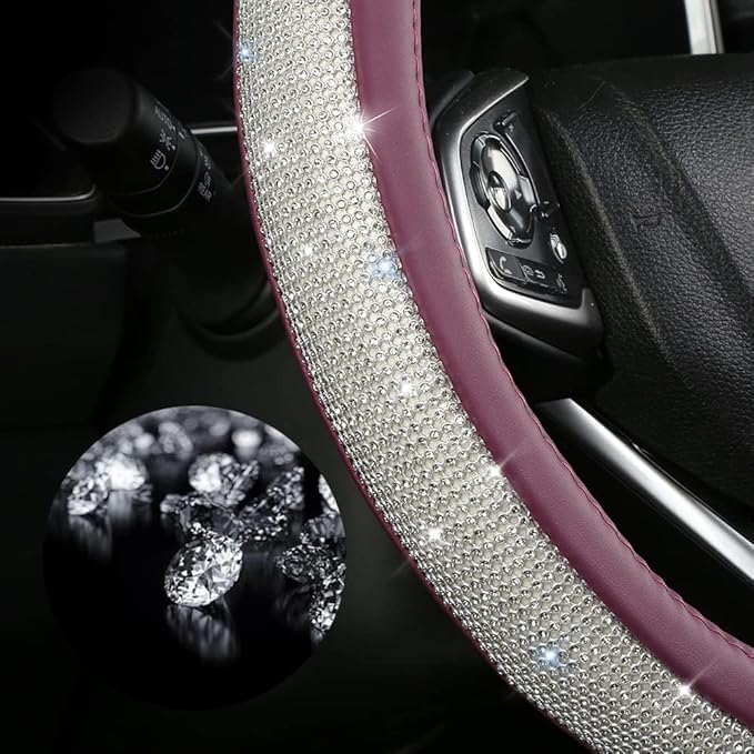 Bling Diamond Leather Steering Wheel Cover, Purple Steering Wheel Covers for Women Girls with Crystal Rhinestones, Universal Fit 14.5"-15" Car Steering Wheel Bling Cover Accessories