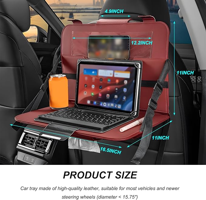 Car Steering Wheel Tray, Foldable Car Laptop Desk Eating Food Tray with Transparent Holder & Tissue Box, Adjustable Back Seat Headrest Table for in-Car Dining Working Studying (Red)