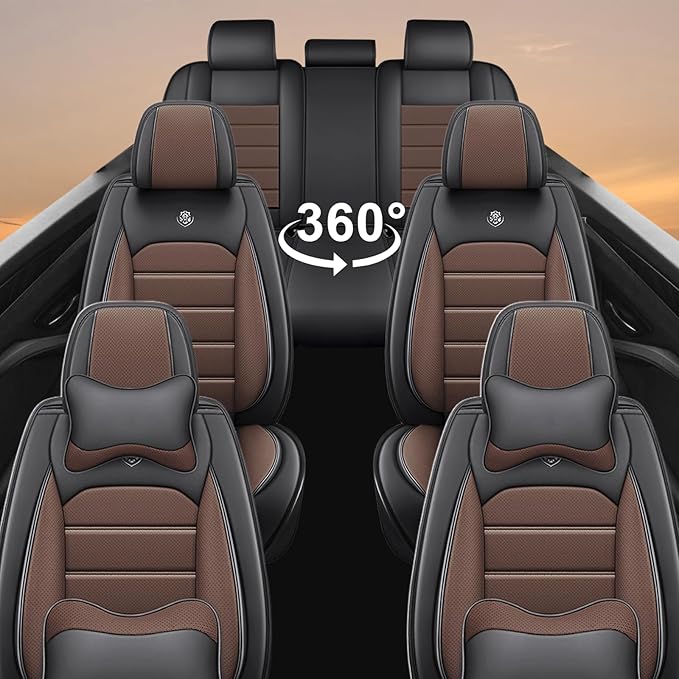 Seat Covers Custom Fit for GMC Yukon XL 2000-2026, 7 Seat, Compatible Airbag Non-Slip Waterproof Leather Seat Cover, Luxury Interior Car Seat Covers Full Set with Pillow, Black Coffee