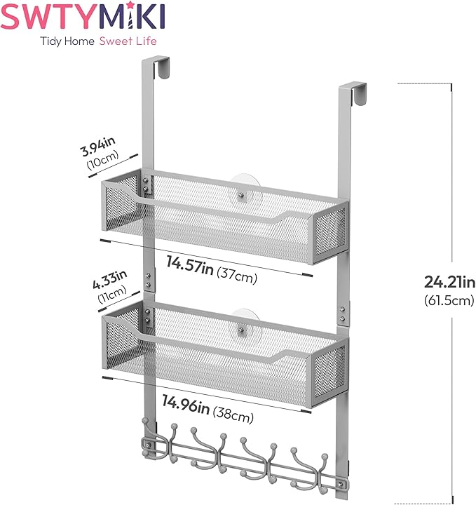 SWTYMIKI Over The Door Hooks Organizer - Multi-Functional Door Hanger with 16 Hooks & 2 Mesh Baskets, Long Coat Rack for Bath
