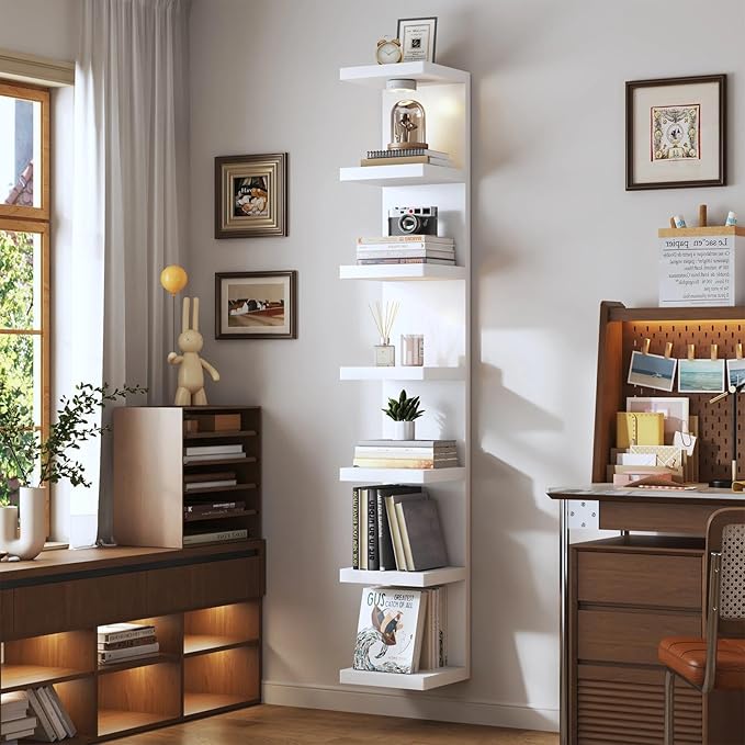 White 7-Tier Vertical Wall Shelf Unit with USB Rechargeable Led Light (Remote Controlled),Versatile Floating Display Shelves,