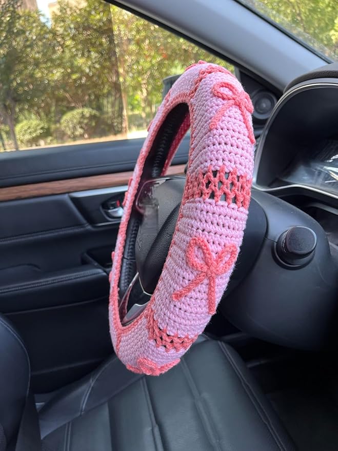 Handmade Crochet Pink Bow Car Steering Wheel Covers Universal 14-15 inch,Cute Steering Wheel Cover,Car Accessories (A,Steering Wheel Cover)