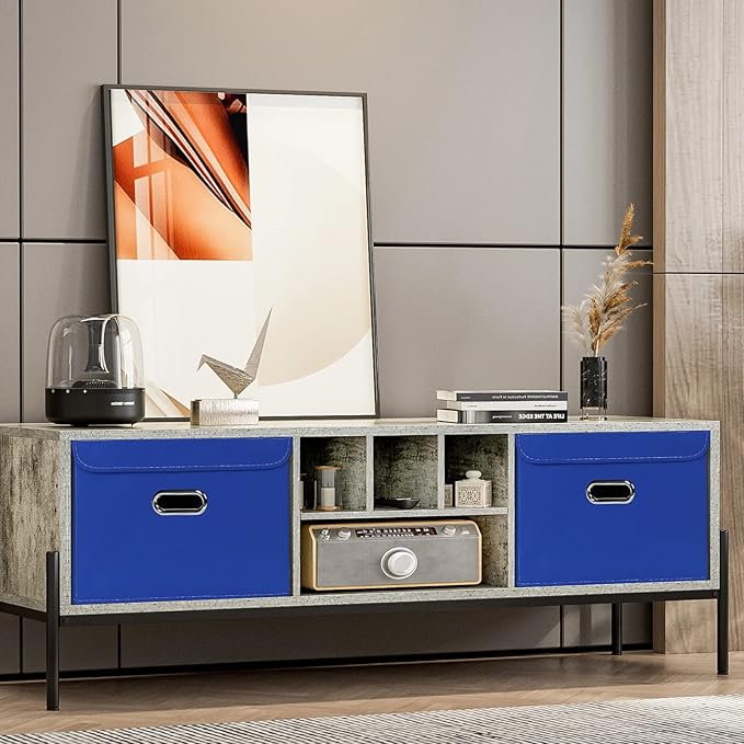 Linen Fabric Foldable Collapsible Storage Cube Bin Organizer Basket Fabric Storage Bins with Lid, Leather Handles, Removable 