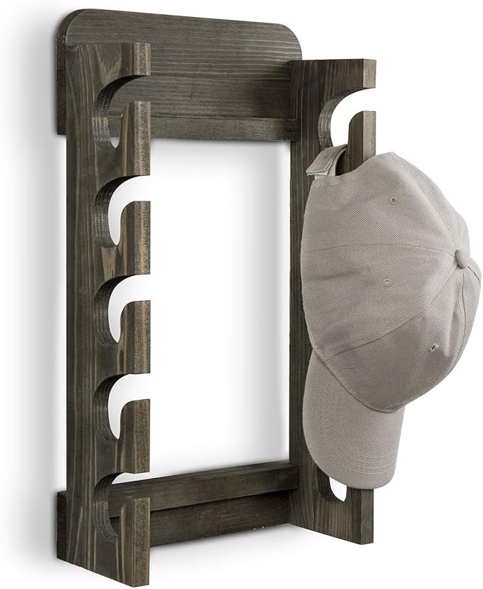 MyGift Hat Organizer for Baseball Caps, Wooden Vertical Hat Rack Wall Mounted with 10 Hooks, Rustic Gray Solid Wood Hanging H