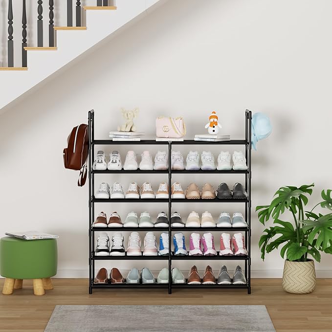 2-Row 6-Tier Stackable Shoe Rack, Black Metal Shoe Shelf with Multifunctional Hooks, Hold 24-30 Pairs, Space Saving Shoes Org