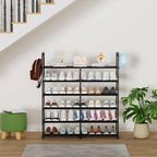 2-Row 6-Tier Stackable Shoe Rack, Black Metal Shoe Shelf with Multifunctional Hooks, Hold 24-30 Pairs, Space Saving Shoes Org