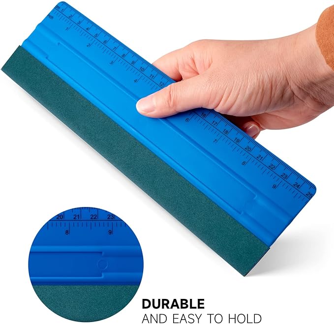FOSHIO 10 Inch Felt Squeegee for Vinyl wtih Ruler 25CM 4 Round Corners Universal Card, Window Tint Film Installing Hard Blue PP Car Vinyl Wrap Scraper Tool