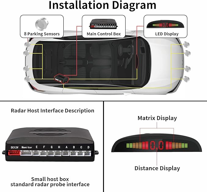 Car Reverse Parking Radar System with 8 Parking Sensors Distance Detection + LED Distance Display + Sound Warning (Silver Color)