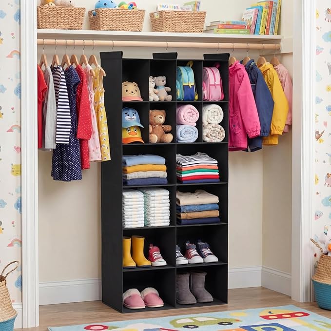 Ofiray-home 6 Tier Hanging Closet Organizer, 16 Compartments Sweater Organizer for Closet with 3 Sturdy Hooks, Closet Organiz