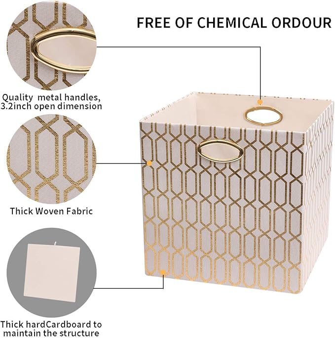 Posprica Storage Bins, Storage Cubes,13×13 Fabric Drawers Organizer Basket Boxes Containers (13×13×13/2pcs, Cream/gold geomet