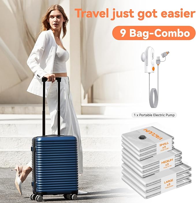 Travel Vacuum Bags with USB & TYPE C Pump, 9 Pack Carry-On Vacuum Storage Bags for Luggage & Suitcase, Vacuum Luggage Bags, S
