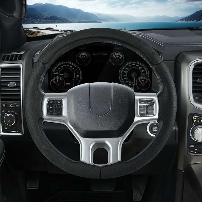 Steering Wheel Cover for Ram 1500, Car Steering Wheel Cover for Dodge Ram 1500 (2012-2018) 1500 Classic(2019-2023) 2500(2012-2018) 3500(2012-2018) 5500(2012-2018), Perforated Black