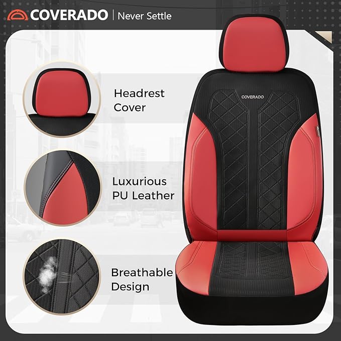 Coverado Car Seat Covers for Front Seats, Waterproof Automotive Seat Protectors 2-Pack, Leather & Mesh Driver Protectors Univ