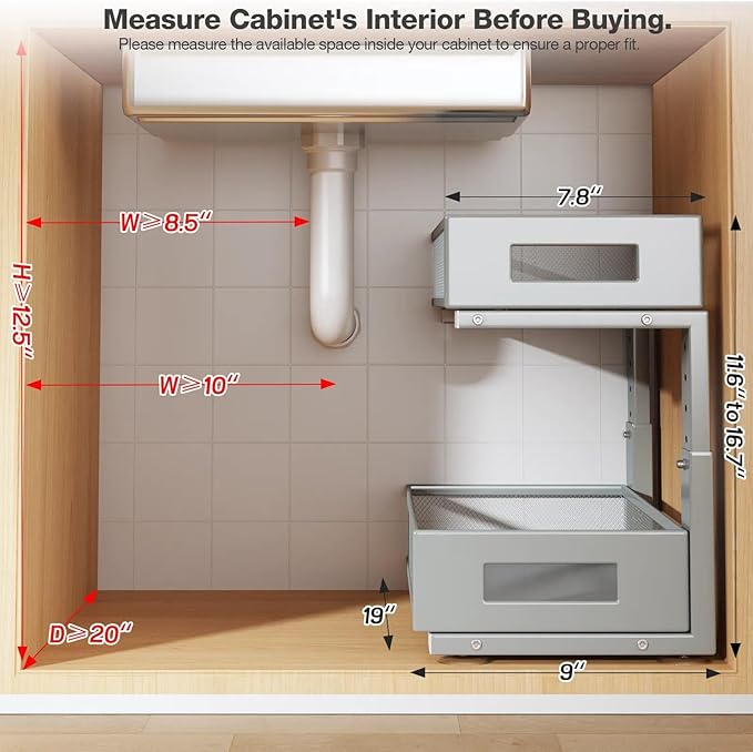1 Pack 19IN Depth Under Sink Organizer, 2-Tier Pull Out Cabinet Organizer With Smooth Circular Rail, Large Capacity Metal Mes