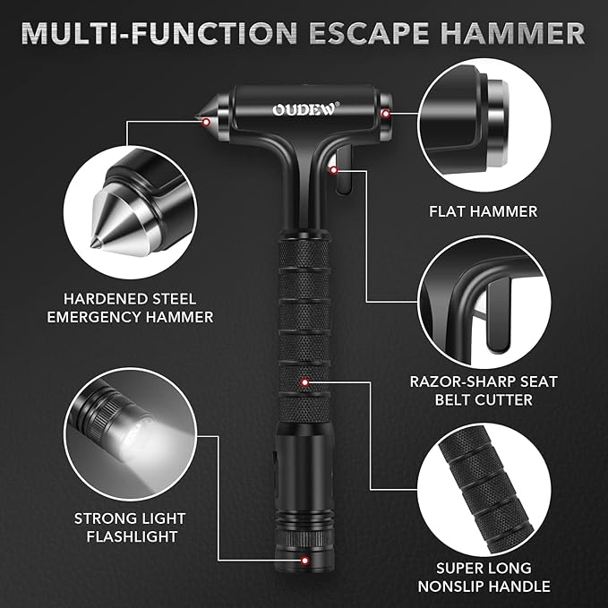 Car Safety Hammer, Car Glass Breaker with Seat Belt Cutter, Automotive Escape Tool with Lighting Function, Metal Window Break