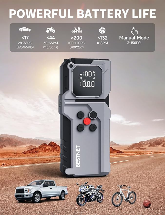 Q27 Jump Starter with Air Compressor, 3000A Portable Car Battery Booster, 150PSI Tire Inflator, Jumper Cables with LED Light, 12V Jump Box for Up to 7.0L Gas & 5.0L Diesel Engines